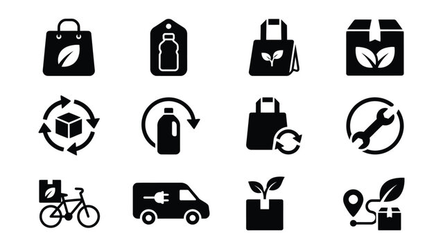 Collection of eco friendly recycling and sustainable living icons with transparent background