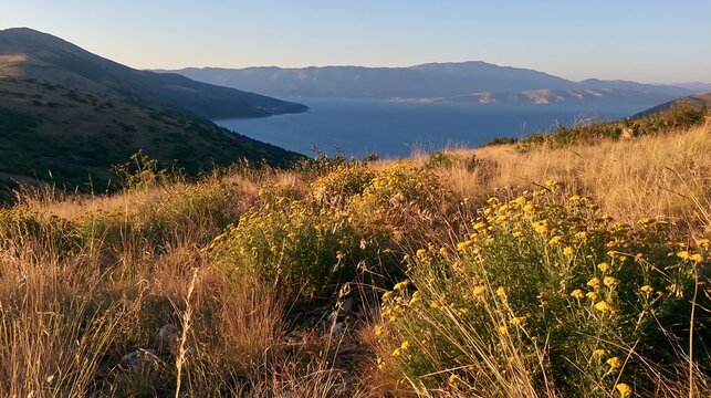 Croatian meadow above Adriatic coast during sunset