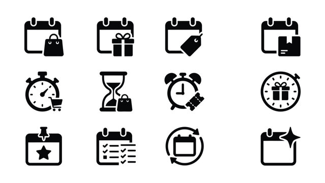 Set of calendar and time management icons with shopping and gift elements