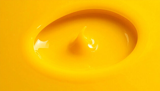 Vibrant glossy yellow paint drop creating a smooth circular ripple and crown splash. Macro abstract liquid texture with bright highlights for modern creative design and cosmetic backgrounds.