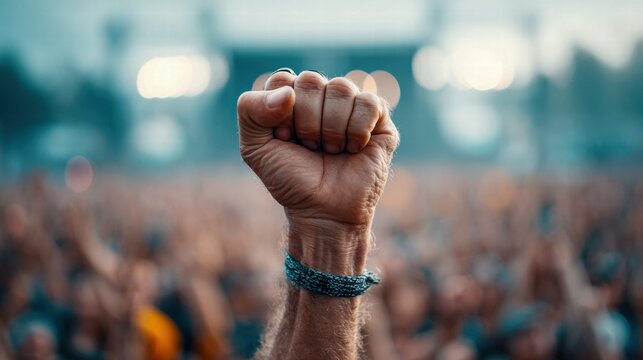 Raised fist in a crowd, symbolizing unity and strength at a concert or rally.