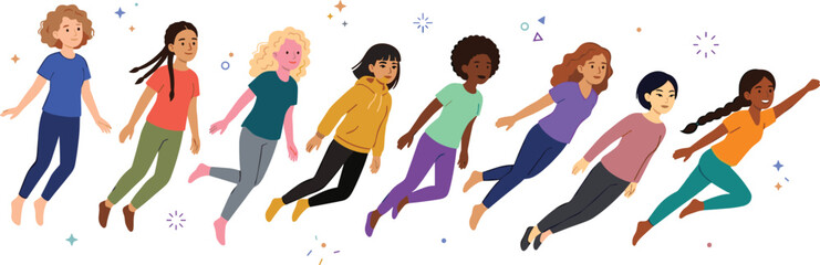 Obraz premium Diverse Group of Happy Girls Floating and Flying in the Air Vector Character Set for Kids Education, Empowerment, and Creative Concept Designs
