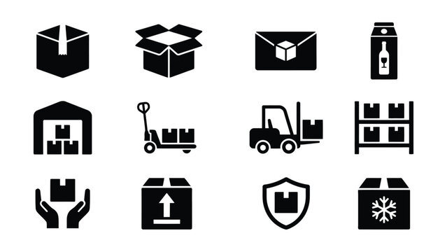 Set of black and white icons representing logistics and delivery services