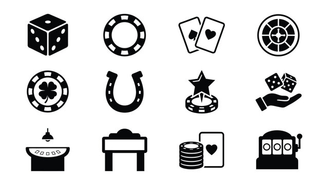 Set of black and white casino gaming icons with transparent background