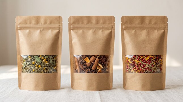 Eco-friendly kraft paper pouches with window, organic herbal tea and spice packaging mockup, brown stand-up bags for food storage