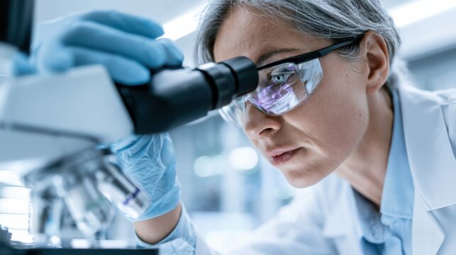 A scientist looking into a microscope with intense focus. The scientist wears safety glasses and blue gloves while conducting research in a laboratory