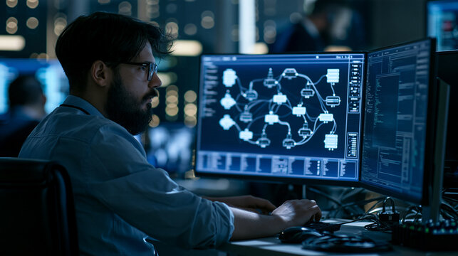 System administrator reviewing network topology diagram on large monitor, routers switches and servers represented by generic icons, modern IT operations center