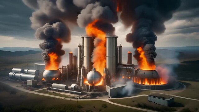 Burning Power Plant Explosion, Industrial Disaster, Pollution Smoke