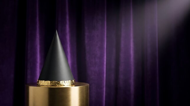 A golden trophy cone stands on a pedestal under a spotlight against a dark purple curtain background for thanks giving day