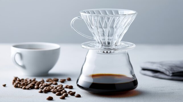 A freshly brewed cup of coffee sits next to a glass pour-over coffee maker and scattered coffee beans