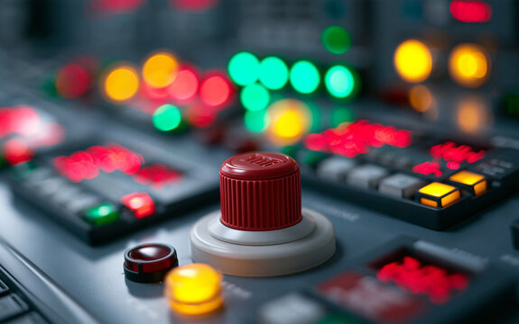 Medium shot centering on emergency stop button on a control panel illuminated with blurred rows of active PLC displays and warning lights in the background.