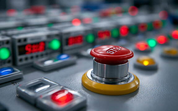 Medium shot centering on emergency stop button on a control panel illuminated with blurred rows of active PLC displays and warning lights in the background.