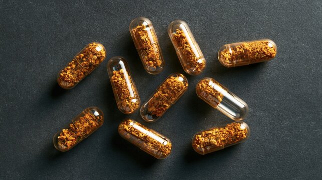 A close-up shot of several capsules filled with a golden, granular substance.