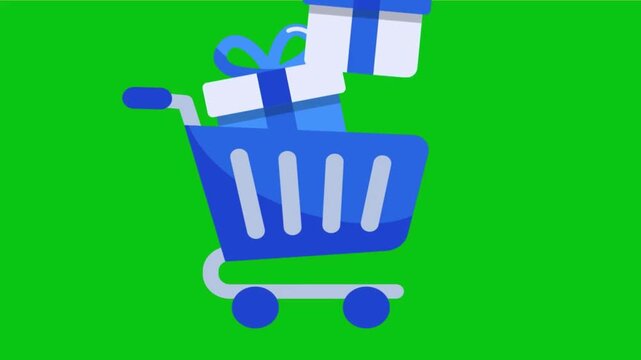 Blue shopping cart filled with gift boxes on a vibrant green background, representing e-commerce, retail sales, holiday shopping, and special promotions in a clean modern vector style