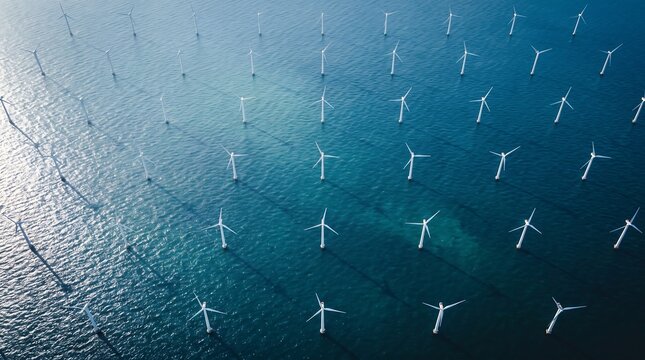 Aerial view of an offshore wind farm with turbines generating clean energy at sea turbines renewable offshore sustainability electricity