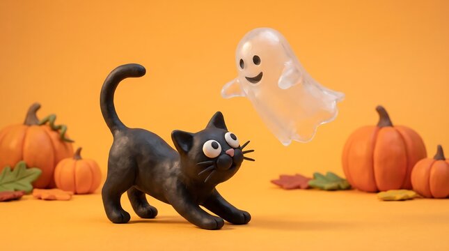 A delightful autumnal scene featuring a playful black cat and a friendly ghost amidst a vibrant pumpkin patch evoking the spirit of