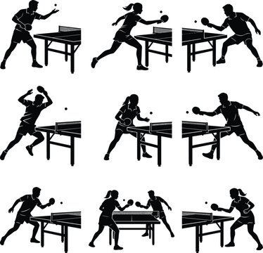 Table tennis players silhouette set featuring ping pong match serving smashing forehand backhand action vector