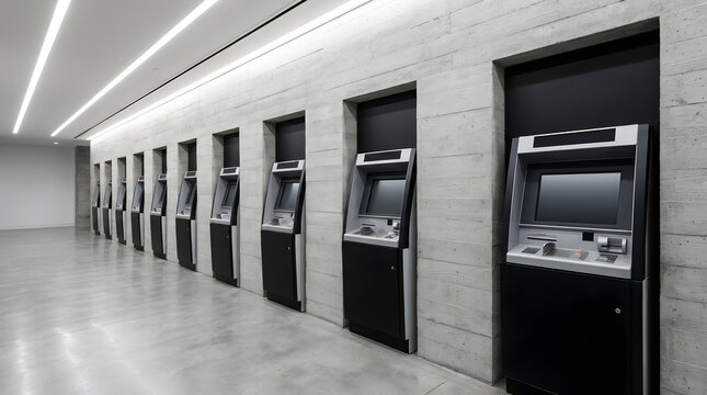 Row of Modern Automated Teller Machines in Bank Lobby | ATM Banking Terminals | Financial Service Station