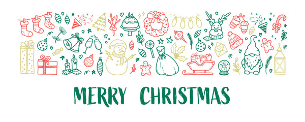 Fototapeta premium Merry Christmas greeting card template with handdrawn festive elements