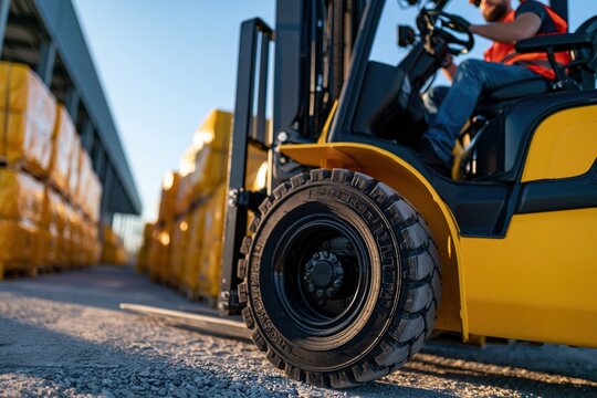 Forklift transporting wrapped construction materials in organized staging area