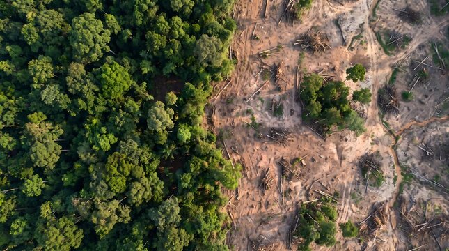 Aerial view showing the sharp contrast between lush green forest and deforested land with deforestation environment clearing contrast conservation
