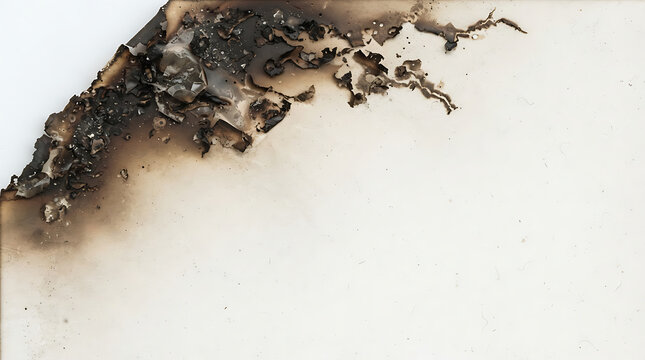 Burnt paper edge with charred texture and ash on white background for vintage design