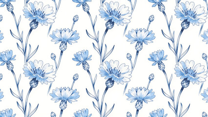 Fototapeta premium Seamless Botanical Floral pattern, hand-drawn wildflower sprigs, cornflower blue and white tones. Tileable