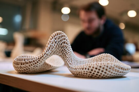 Generative architecture model with repeating structural cells on studio table