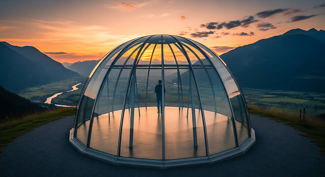 Modern geodesic dome with mountain reflection at night
