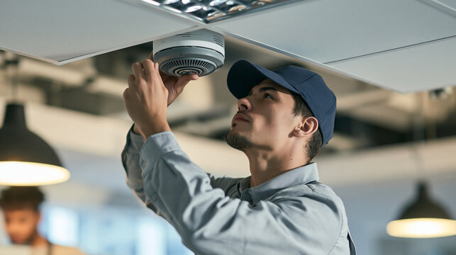 Technician replacing old wireless access point with modern enterprise device in office ceiling, network modernization concept, realistic professional environment