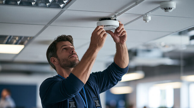 Technician replacing old wireless access point with modern enterprise device in office ceiling, network modernization concept, realistic professional environment