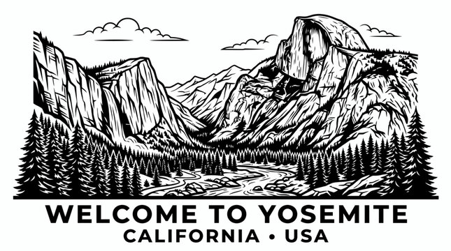 Very beautiful black and white vector of Yosemite featuring Half Dome, granite cliffs, pine trees, waterfall, and WELCOME TO YOSEMITE &bull; CALIFORNIA &bull; USA, isolated on white background, no gradients.