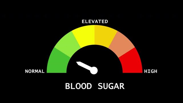 Blood sugar gauge animation on transparent background illustrating elevated glucose levels with health indicator