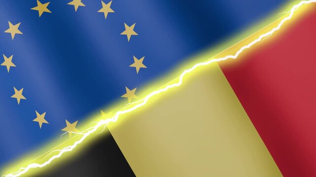 Two waving flags European Union and Belgium with diagonal lightning seamless, 4k loop