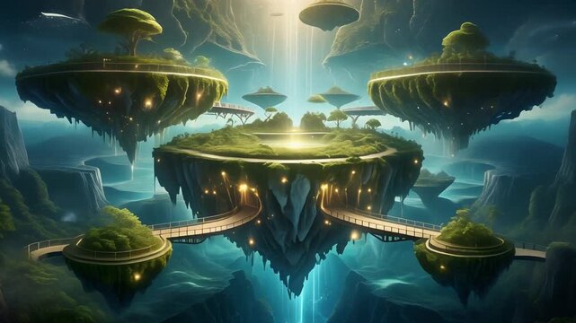 Fantasy Floating Islands Ecosystem, Futuristic Cityscape, Ethereal Landscape