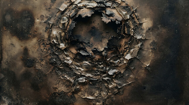 Burnt paper texture with scorched circular hole and charred edges for distressed background.