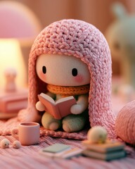 Fototapeta premium A small 3d character sits under a blanket in a warm room, enjoying a book and holding a hot drink while surrounded by soft items and warm colors.