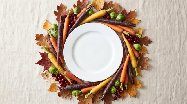 Empty white plate surrounded by colorful autumn vegetables and fall leaves for a festive thanksgiving dinner table setting