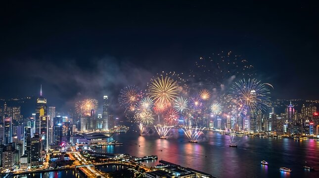 Spectacular New Year fireworks bursting over city skyline and bay at night