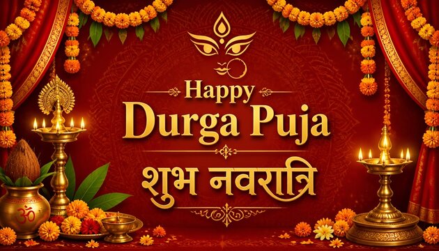 Happy durga puja greeting card design with shubh navratri text conch shell diya lamp marigold floral arch and red curtain