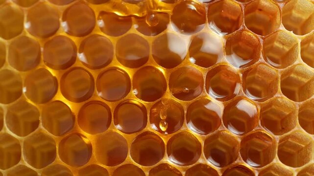 Golden Honeycomb Close-up with Sweet Honey Drips - Macro Food Background