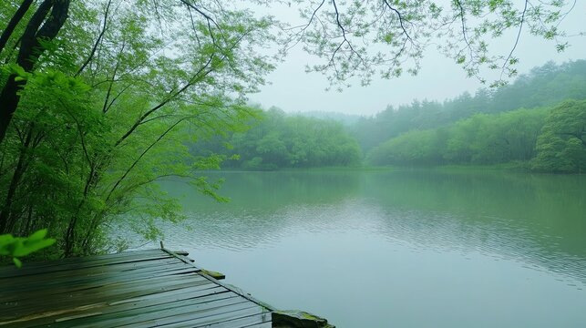 Overcast spring mist turtle-shaped danxia lake at GuiFeng Jiangxi 4A scenic