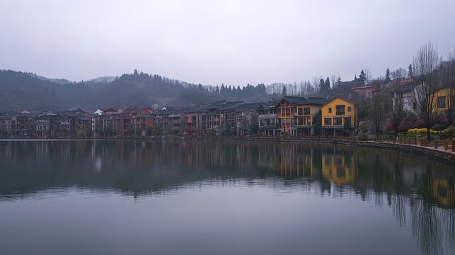 Overcast spring mist turtle-shaped danxia lake at GuiFeng Jiangxi 4A scenic
