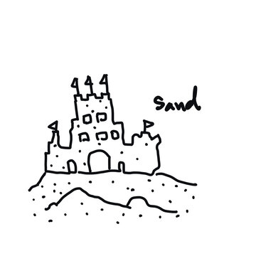 Sand castle on white background, line-art, outline 