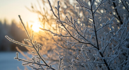 Obraz premium Frost-covered branches in winter sunlight