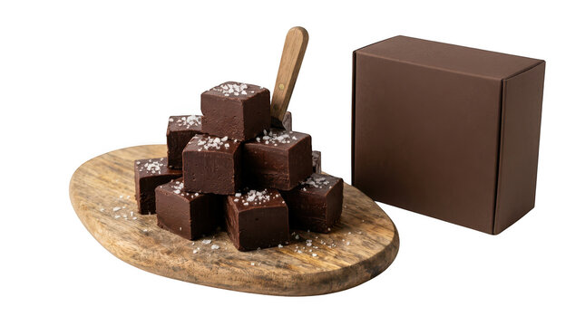 Stack of dark chocolate fudge cubes with sea salt on a wooden board and a brown gift box isolated on transparent background