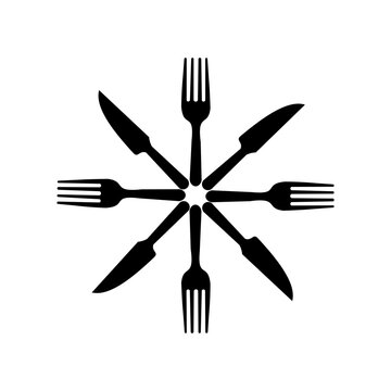Cutlery star arrangement of forks and knives for restaurant logo