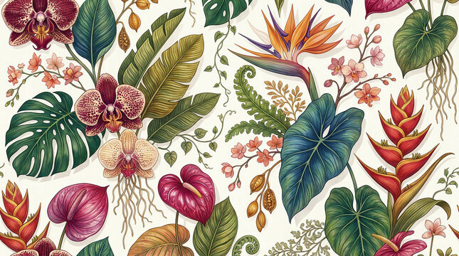 Tropical exotic pattern with orchids monstera leaves and bird of paradise flowers for vibrant home decor and fashion textiles.