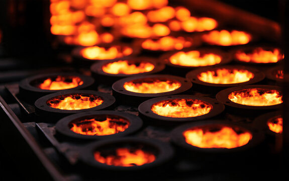 Closeup of industrial annealing process showing precise heating and controlled cooling of stamped metal parts to improve ductility and reduce internal stresses