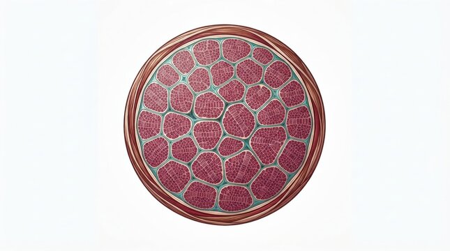 Cells within muscle fascicle are displayed in cross section, highlighting actin and myosin structures in detail.